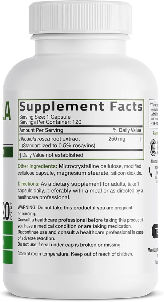 Bronson Rhodiola Rosea Vegetarian Capsules - Adaptogenic Herb - Brain, Stress & Mood Support - Non-GMO, 120 Count