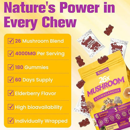 Mushroom Gummies 4000mg, Brain Supplements for Memory and Focus, 26x Mushroom Supplement with Ashwagandha & Lion's Mane, Milk Thistle, Green Tea - Focus, Clarity, Immunity, Liver | 180 Count