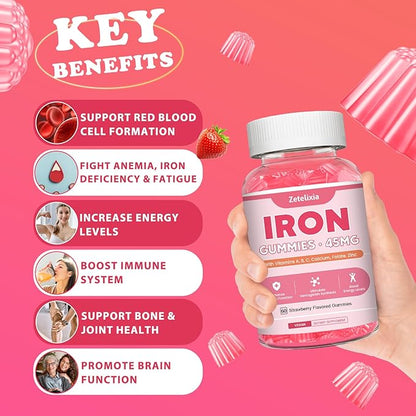 Vegan 2 Pack Iron Supplement Gummies for Women & Men, Anemia, Blood Builder & Energy Support for Iron Deficiency, with Vitamin C, A, B Complex, Folate, CoQ10, Sugar Free, Non-GMO, 120 Count