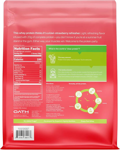 Oath Nutrition Clear Whey Isolate Protein Powder, Kiwi Strawberry, 20g Complete Protein per Serving, No Added Sugar, Grass-Fed, 21 Servings