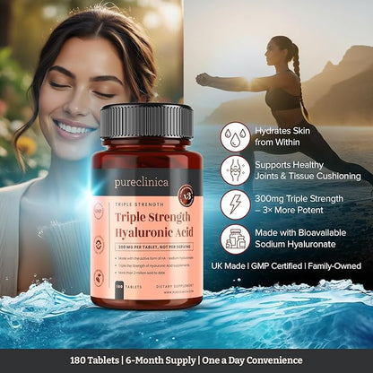 pureclinica Hyaluronic Acid 300mg x 1080 Tablets (6 Bottles of 180 Tablets - 3 Years Supply). Triple Strength Hyaluronic Acid. 300% Stronger Than Any Other HLA Tablet