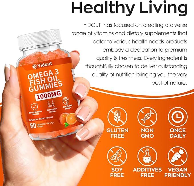 Omega 3 Fish Oil Gummies, Delicious Orange Flavor Fish Oil Gummy Supplements for Joint, Heart Health, & Brain Support (60 Count（Pack of 1）)