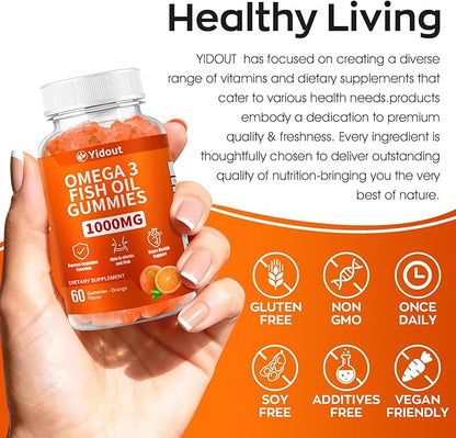 Omega 3 Fish Oil Gummies, Delicious Orange Flavor Fish Oil Gummy Supplements for Joint, Heart Health, & Brain Support (60 Count（Pack of 2）)