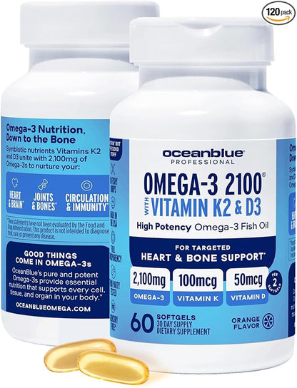 Oceanblue Professional Omega-3 2100 with Vitamin K2 and Vitamin D3-60 Count 2 Pack- Triple Strength Burpless Fish Oil Supplement with EPA, DHA & DPA - Wild Caught - Orange Flavor, 60 Servings