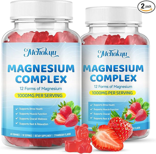 Magnesium Complex Gummies 1000mg | 12-in-1 Magnesium Complex Supplement with Glycinate, Citrate, Malate & Taurate Supports Muscle Function, Bone Health, Rest & Relaxation – Strawberry, 120 Count