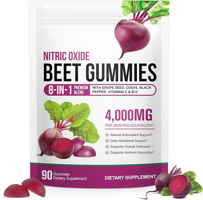 Beet Root Gummies Enriched with 200mg CoQ10 & Beet Root Extract for Blood Pressure, Heart Health Support, Energy Level Suport, Promoting Nitric Oxide, W/ Vitamin B12, C, Sugar-Free | 90 Chews