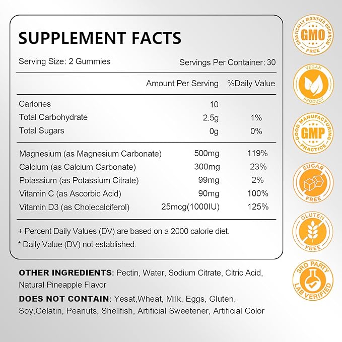 Magnesium Carbonate Gummies 500mg, High Absorption Magnesium Supplement for Women & Men, with Calcium, Potassium, Vitamin C & D3, Support Digestive & Muscle Health,Sugar Free,Vegan,Pineapple Flav,60Ct