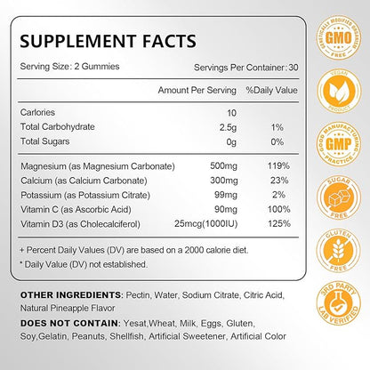 Magnesium Carbonate Gummies 500mg, High Absorption Magnesium Supplement for Women & Men, with Calcium, Potassium, Vitamin C & D3, Support Digestive & Muscle Health,Sugar Free,Vegan,Pineapple Flav,60Ct