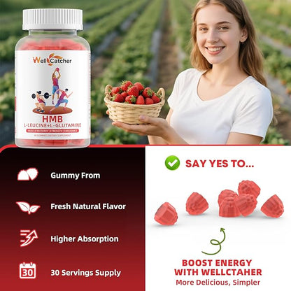 HMB and Leucine Amino Acid Gummies: HMB Supplements for Men Women with L-Glutamine for Muscle Growth Fast Workout Recovery, Sugar Free Vegan Non-GMO Strawberry Flavored 30 Day Supply
