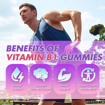 Vitamin B1 Gummies 500mg for Adults & Kids – High Potency Thiamine B1 Supplement for Energy & Nervous System Support, Sugar-Free, Raspberry Flavor, 60 Count