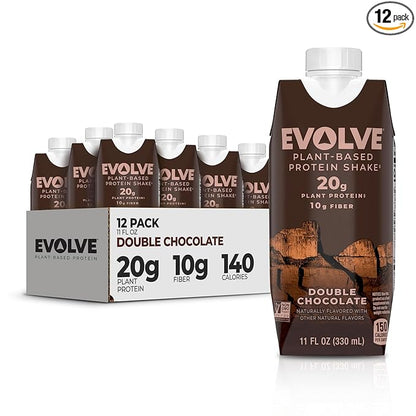 Evolve Plant Based Protein Shake, Double Chocolate, 20g Vegan Protein, Dairy Free, No Artificial Sweeteners, Non-GMO, 10g Fiber, 11 Fl Oz (Pack of 12) - (Formula May Vary)