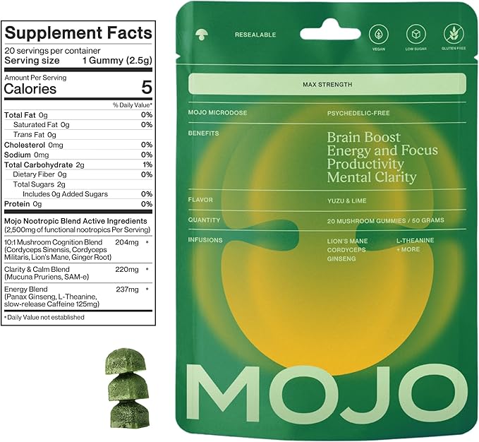 Mojo Extra Strength Focus Gummies with Lion’s Mane, Cordyceps, Ginseng & L-Theanine - Mushroom Gummies Brain Supplement for Adults, Memory/Energy Support, Focus Fuel, Yuzu Lime (3 Pack)