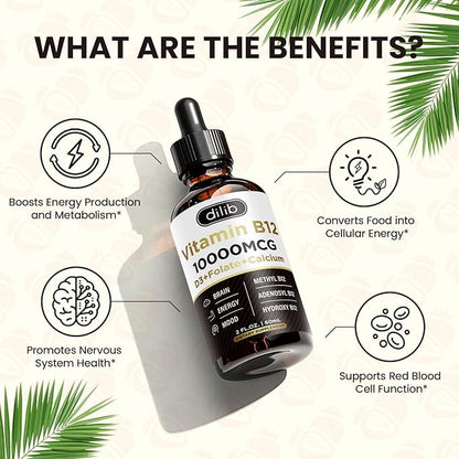 Vitamin B12 Liquid Drops Sublingual 10000 mcg, Triple B-12 Complex Supplement, Methyl & Methylcobalamin Blend for Women & Men, Mood & Energy Booster, Methylated B 12 for Metabolism & Health Support