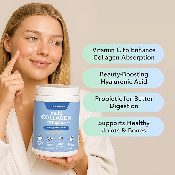 Vitamin Bounty Multi Collagen Peptides Powder for Men & Women (Complex Plus) - 5 Types Hydrolyzed Collagen Protein - Probiotics, Vitamin C & Hyaluronic Acid - Grass Fed Bovine Supplements, 50 Servings