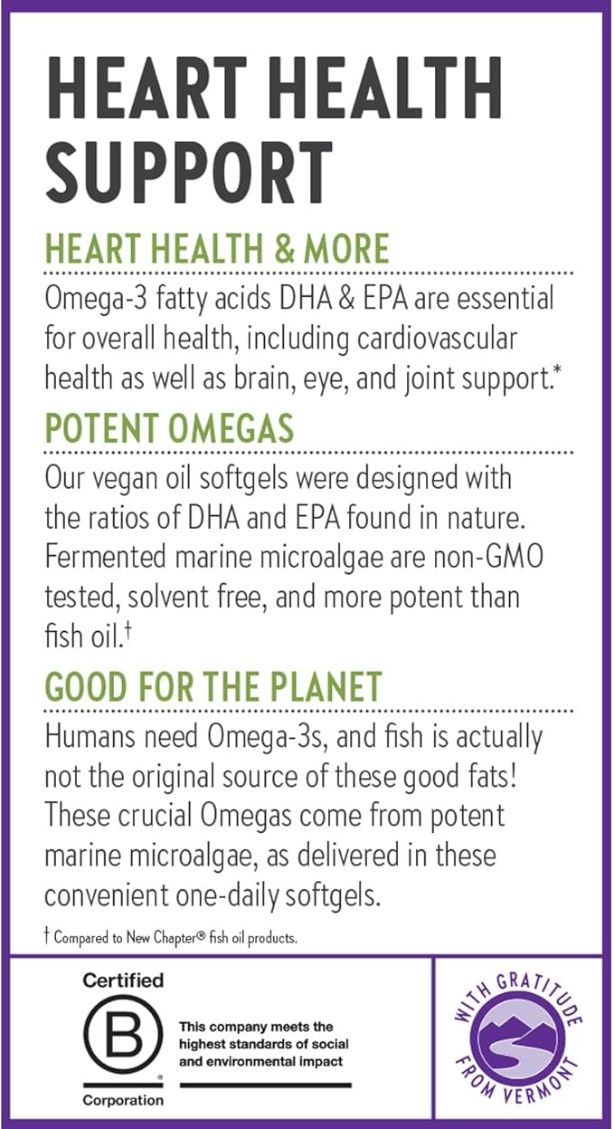 New Chapter Vegan Algae Oil, DHA, EPA, and DPA Supplement - Vegan Omega-3 Complex for Heart, Brain, Eye & Joint Support - 30 Softgels