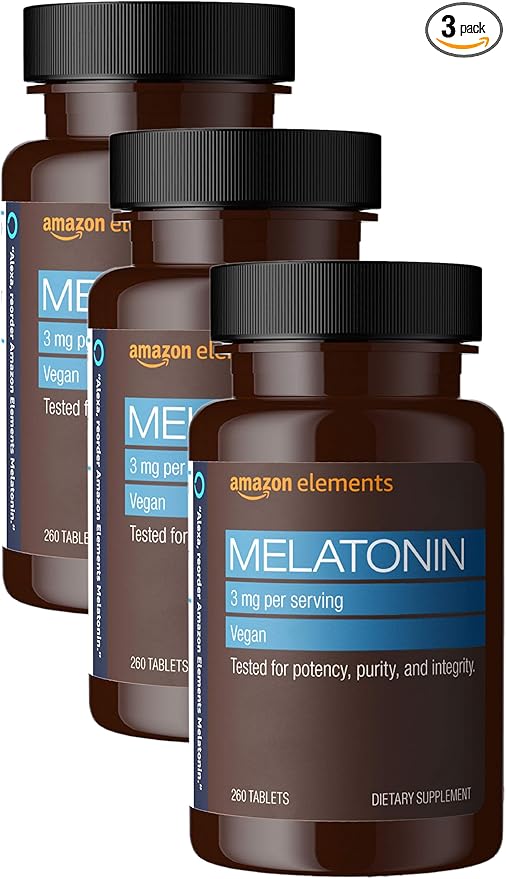Amazon Elements Melatonin 3mg, Helps with Occasional sleeplessness, Vegan, Unflavored,8 Month Supply (Packaging May Vary) 260 Tablets, (Pack of 3)