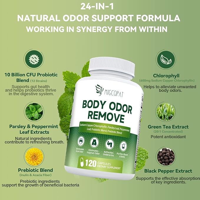 Chlorophyll Body Deodorizing Supplement, Chlorophyll Capsules with Parsley & Peppermint, Probiotic, Green Tea, Jerusalem Artichoke, Prebiotic, Supports Fresh Breath & Whole-Body Freshness, 120 Caps