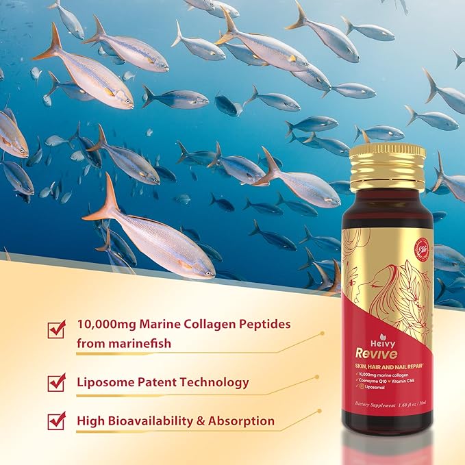 Heivy Marine Liquid Collagen for Women 10000mg, 133% Higher Absorption, CoQ10 Biotin Vitamins, USA GMP, 3rd Party Tested, Non-GMO Gluten Free, 50mL 10 Bottles