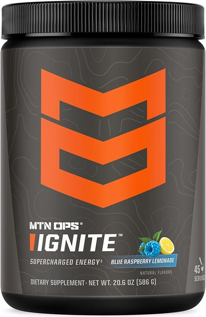 MTN OPS Ignite Sugar Free Energy Drink Powder with 200mg Caffeine, Nootropic Blend for Energy, Focus & Endurance, L Arginine & L Citrulline Pre Workout, 45 Servings, Blue Raspberry