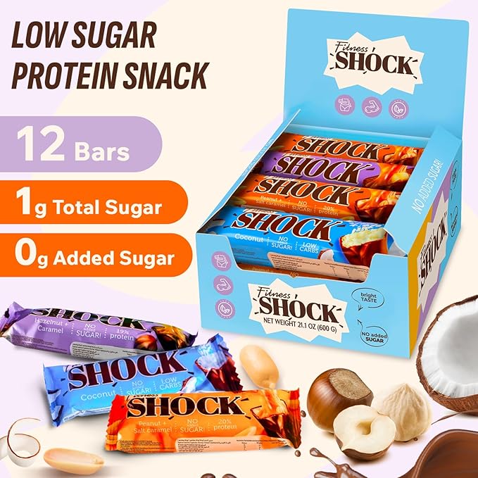 Fitness SHOCK Protein Bars Variety Pack - No Added Sugar, Low Calorie Low Carb Snack - Peanut Salted Caramel, Hazelnut Caramel, Coconut - 180 Kcal, 0g Added Sugar, 8g Fat, 13g Net Carbs - 12 x 50g