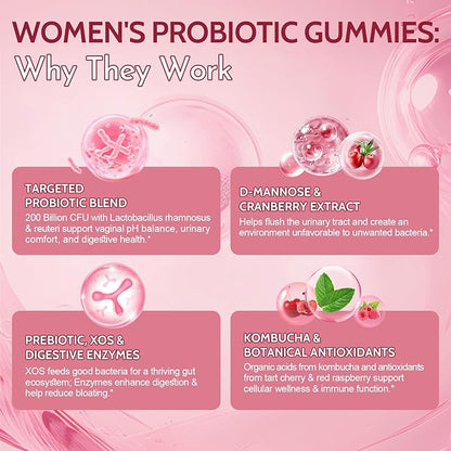 Probiotics for Women 50+, 200 Billion CFU Vaginal Probiotics Gummies with D-Mannose & Cranberry, Sugar-Free Cranberry Flavor for pH Balance, Urinary & Gut Health, 60 Count