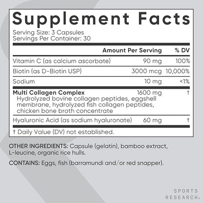 Sports Research® Biotin-Infused Collagen Peptides Complex with Hyaluronic Acid – 5 Multi Collagen Types for Hair, Skin & Joint Support* - Gluten Free · Non-GMO · 90 Capsules