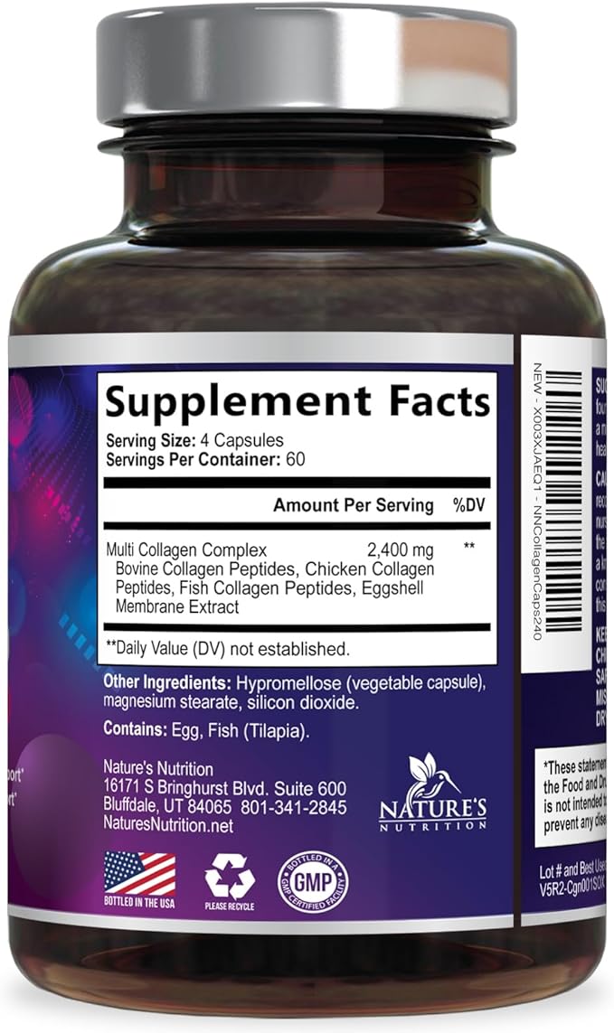 Multi Collagen Pills 2400 mg Per Serving - Advanced Types I, II, III, V, X - Hydrolyzed Multi Collagen Peptides Pills Supplement for Women & Men - Hair, Skin, & Nail Support Supplements - 240 Capsules