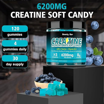Creatine Monohydrate Gummies,6200mg for Men & Women, Chewable Creatine for Enhanced Muscle Growth, Strength, and Recovery, Sugar Free Pre-Workout Supplement,120 Count,Blueberry Flavor