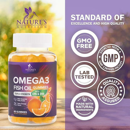 Omega 3 Fish Oil Gummies - 3X Strength Heart Health Support, High Absorption Omega 3 Fish Oil Gummy Supplement with DHA & EPA, Joint & Brain Support for Adults, Delicious Orange Flavor- 60 Gummies