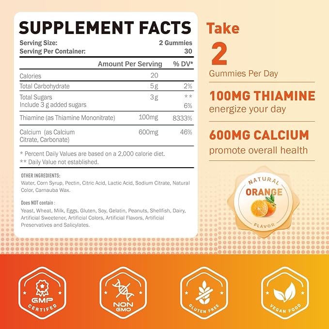 Vitamin B1 Gummies 100mg for Adults & Kids, Thiamine B1 Supplement with 600mg Calcium, Nervous System Supports & Boost Energy, Orange Flavor, Non GMO, Vegan, 120 Chewable Gummies