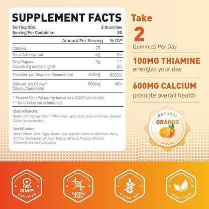 Vitamin B1 Gummies 100mg for Adults & Kids, Thiamine B1 Supplement with 600mg Calcium, Nervous System Supports & Boost Energy, Orange Flavor, Non GMO, Vegan, 120 Chewable Gummies
