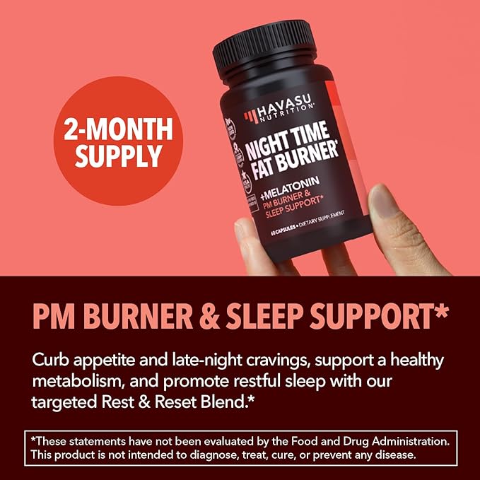 Night Time Fat Burner Capsules for Men and Women - Appetite Suppressant for Weight Loss with White Kidney Bean - 60 Count - Metabolism Booster with Melatonin for Sleep Support - 2-Month Supply