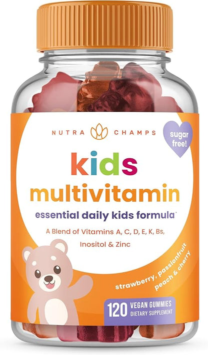 NutraChamps Kids Multivitamin Gummies | Sugar Free 120 Gummy Vitamins for Kids | Vegan & Non-GMO | Strawberry, Passionfruit, Peach & Cherry