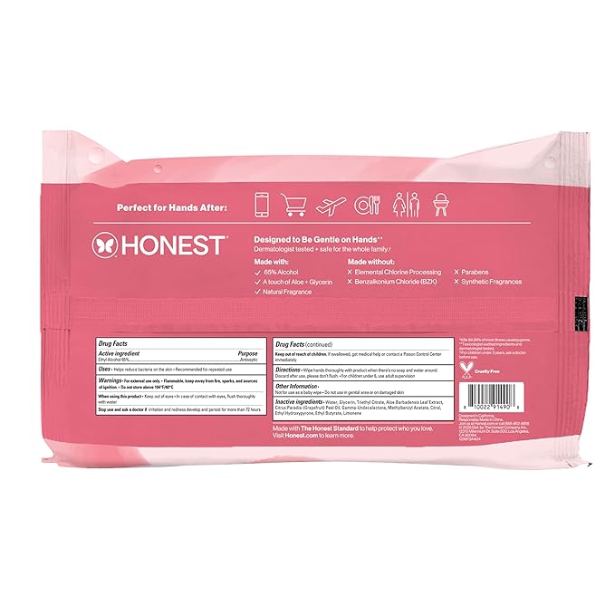 The Honest Company Grapefruit Grove Sanitizing Wipes, Kills 99.99% of Germs, Safe for All Hands, Antibacterial, Dermatologist Tested, 50 Count