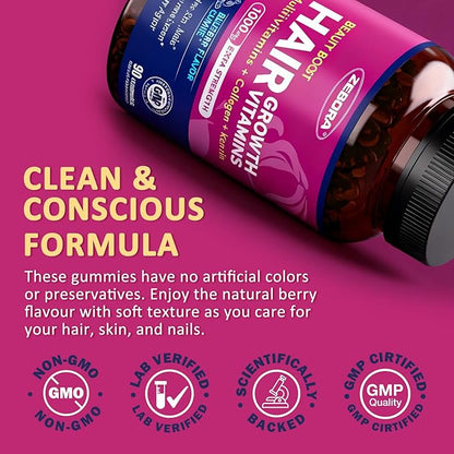 ZEBORA Hair Growth Vitamins with Biotin, Keratin & Collagen - Biotin Gummies with Beauty Support Blend for Hair, Skin & Nails - Vegan Hair Vitamins for Women & Men - 90 Blueberry Gummies, Non-GMO