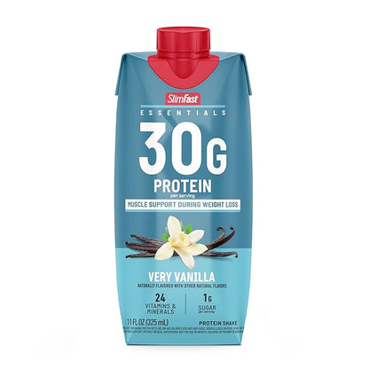 SlimFast Essentials 30g Vanilla Protein Shake, Protein Shakes Ready to Drink, Muscle Support, 1g Sugar, 24 Vitamins and Minerals, 1g Net Carbs, Very Vanilla, 12 Count