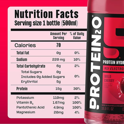 Protein2o Hydration Drink - 2-in-1 Liquid Clear Whey Protein Isolate and Electrolyte Drink - 15g Protein,Vitamins B5,B6 - Post-Workout Recovery - 16.9 Fl Oz - Wild Cherry,(Pack of 24)