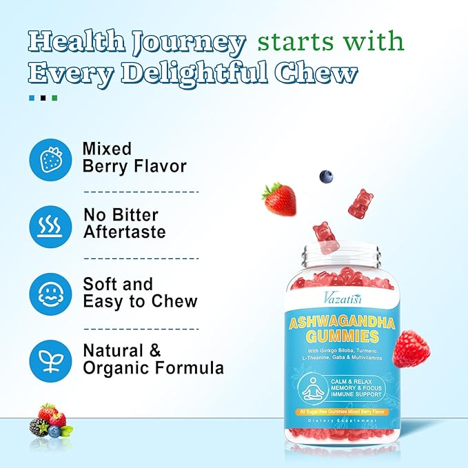 Ashwagandha Gummies with Turmeric GABA Mood Energy and Immune Support, Mixed Berry Flavor 60 Cts