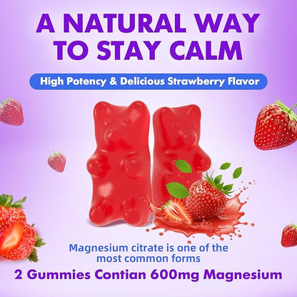 2 Pack Magnesium Citrate Gummies 600mg for Women Men, High Absorption Magnesium Supplement Gummies for Calm, Relaxation, Muscle Health, Vegan, Strawberry Flavor, 120 Count