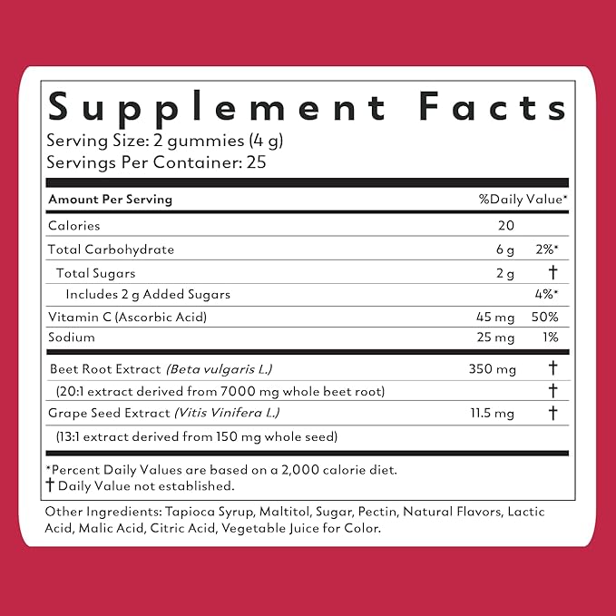 Natrava Beets+ Gummies - Premium Beet Root Powder, Grape Seed Extract and Vitamin C - Supports Healthy Blood Pressure and Heart Health - Low Sugar Nitric Oxide and Circulation Supplement - 50 Gummies
