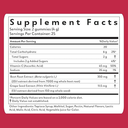 Natrava Beets+ Gummies - Premium Beet Root Powder, Grape Seed Extract and Vitamin C - Supports Healthy Blood Pressure and Heart Health - Low Sugar Nitric Oxide and Circulation Supplement - 50 Gummies