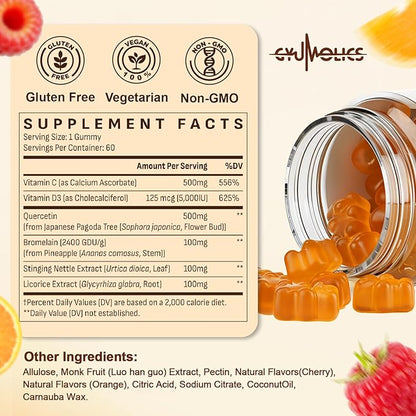Quercetin 500mg Gummies for Kids, with Bromelain, Vitamin C & D3, Stinging Nettle & Licorice, Seasonal Balance & Body Defenses, Vegan, 60 Gummies