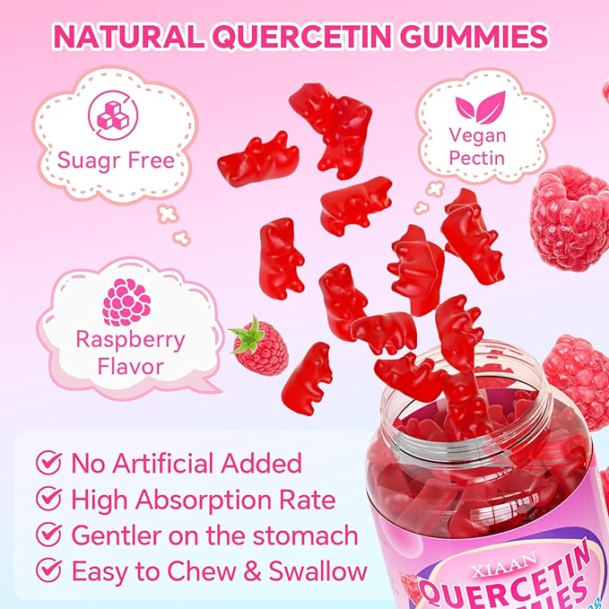 Quercetin Gummies 500mg for Kids & Adults, Organic Quercetin Supplements with Bromelain Zinc Vitamin C and D3 Support Antioxidant & Immune System Health, Raspberry Flavor 120 Count