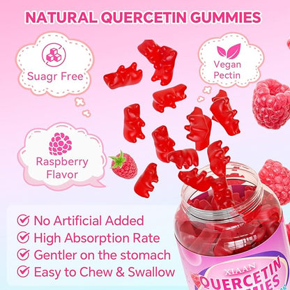 Quercetin Gummies 500mg for Kids & Adults, Organic Quercetin Supplements with Bromelain Zinc Vitamin C and D3 Support Antioxidant & Immune System Health, Raspberry Flavor 60 Count