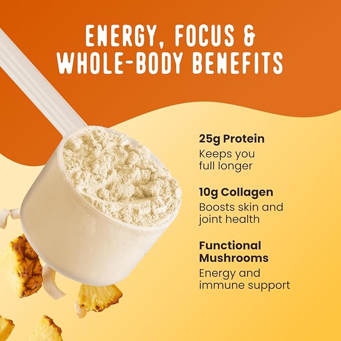 FlavCity All in One Protein Shake Powder, Pineapple Coconut - On the Go Meal Alternative + Collagen Peptides, Reishi & Cordyceps - Focus, Skin, Hair & Joint Support - 100% Grass Fed Whey, 20 Servings