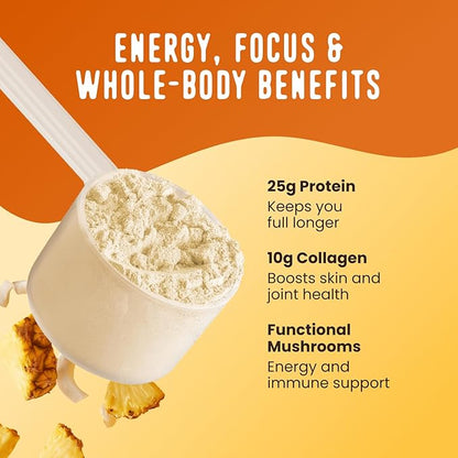 FlavCity All in One Protein Shake Powder, Pineapple Coconut - On the Go Meal Alternative + Collagen Peptides, Reishi & Cordyceps - Focus, Skin, Hair & Joint Support - 100% Grass Fed Whey, 20 Servings