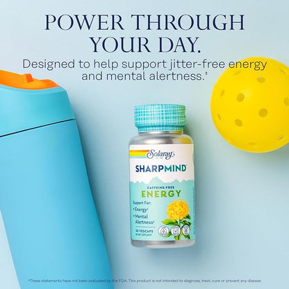 SOLARAY SharpMind Energy, Energy Booster for Women and Men, Nootropic Focus Supplement, Caffeine Free Energy Pills with Rhodiola Rosea and Cordyceps, 60 Day Guarantee, 30 Servings, 30 VegCap Pills