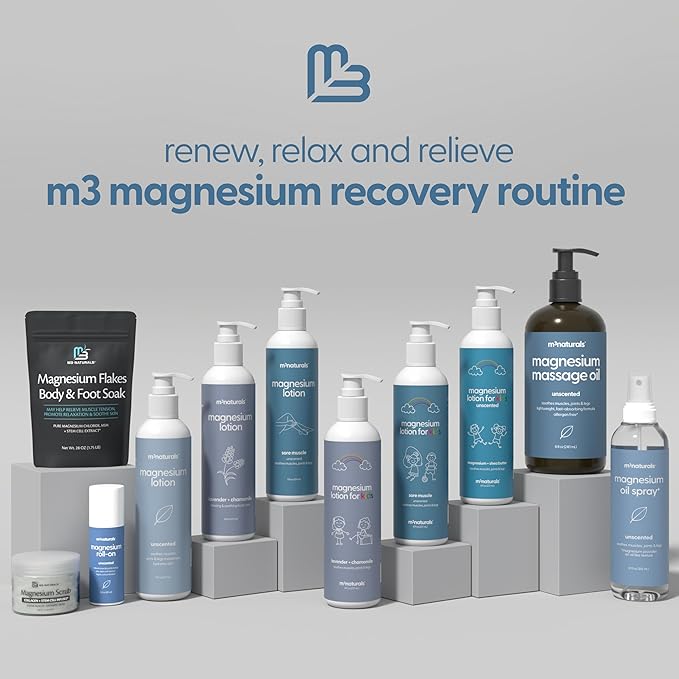 Magnesium Roll On for Adults & Kids, Easy Application for Sore Muscles, Feet, Joints and Leg Cramps, Helps with Sleeping and Post-Workout Recovery, for Sensitive Skin, 3 fl oz, by M3