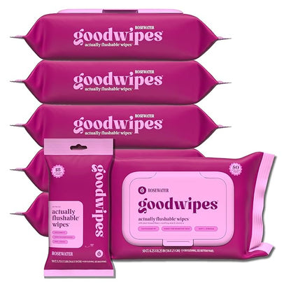 goodwipes Flushable Butt Wipes - Vitamin E & Aloe - Sewer & Septic Safe - Extra Large Adult Wet Wipes For Women & Men - Bathroom Essentials - Rosewater, 318 Count (6 Packs + 1 Travel)