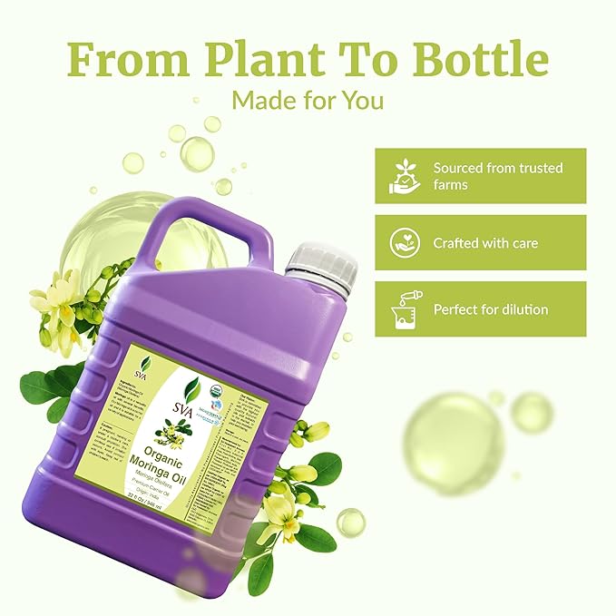 SVA Moringa Seed Oil Organic - 32 Fl Oz – 100% Natural Cold Pressed Moringa Oil - for Face, Skin Care, Hair Care, Scalp Massage & Body Massage – Carrier Oil with Dropper